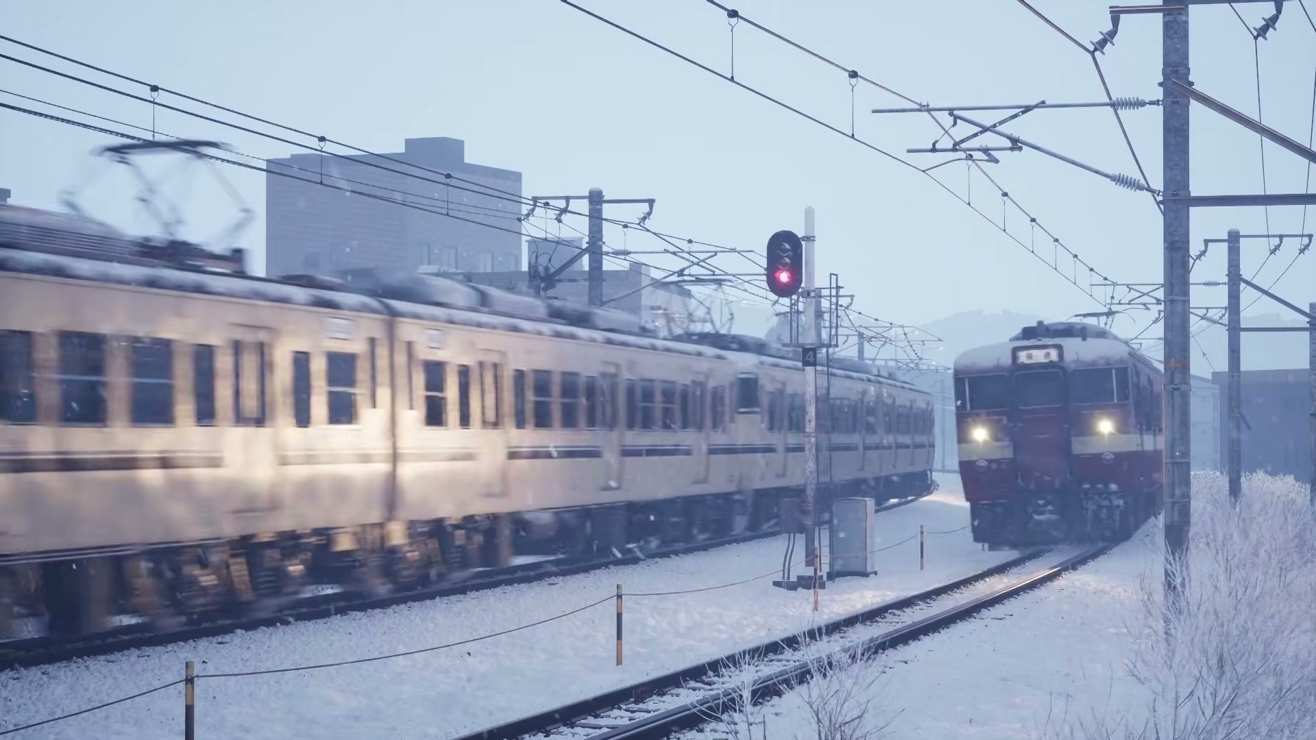 冬の雪景色・田園風景を走る列車シーン