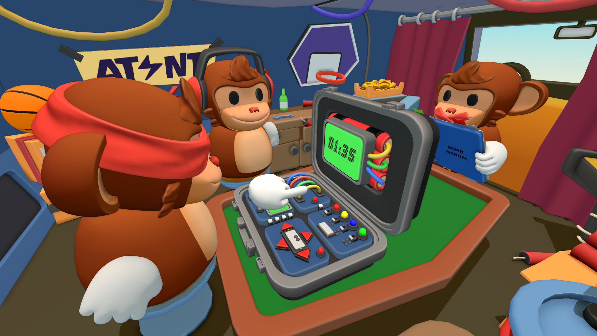 『BOMBANANA!』3匹のサルの役割を示すゲーム画面